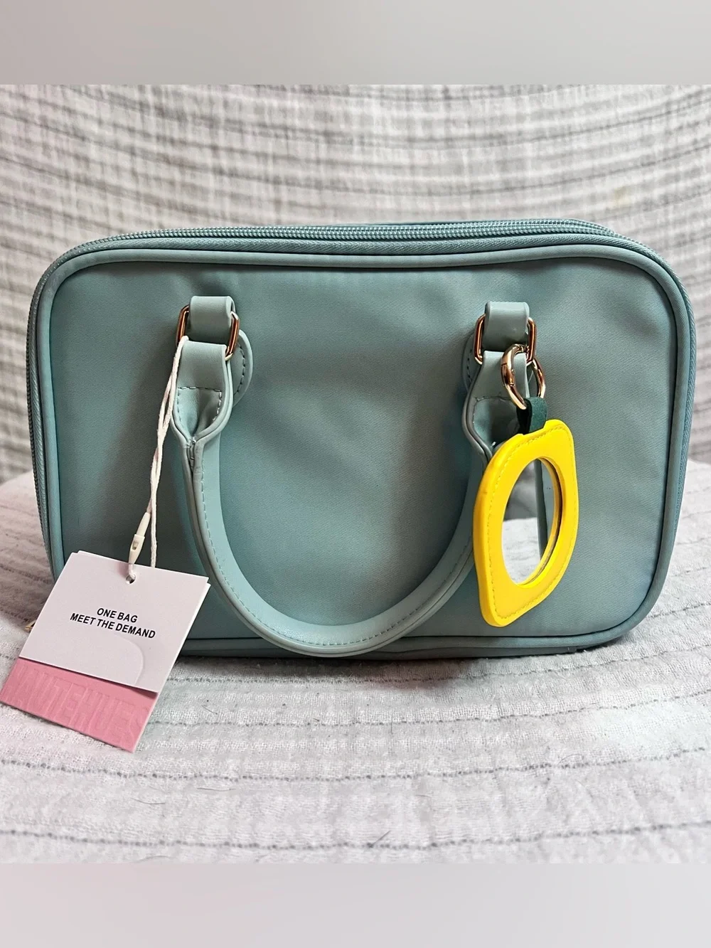 Mint Green Top-Handle Cosmetic Bag with Yellow Mirror Charm